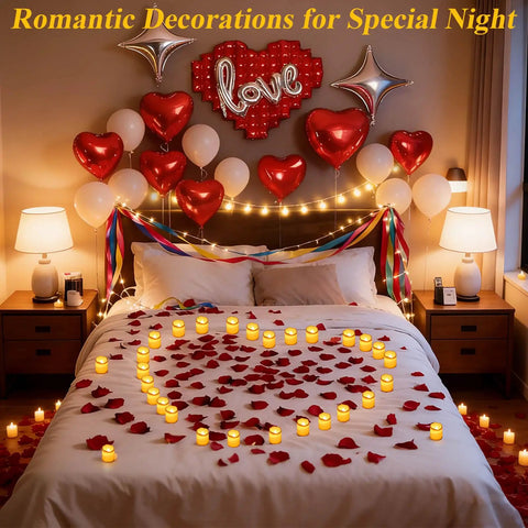 Flameless LED Tealight Candles Set With Rose Petals for Romantic Date Night Table Decor on a bed with heart-shaped arrangement.