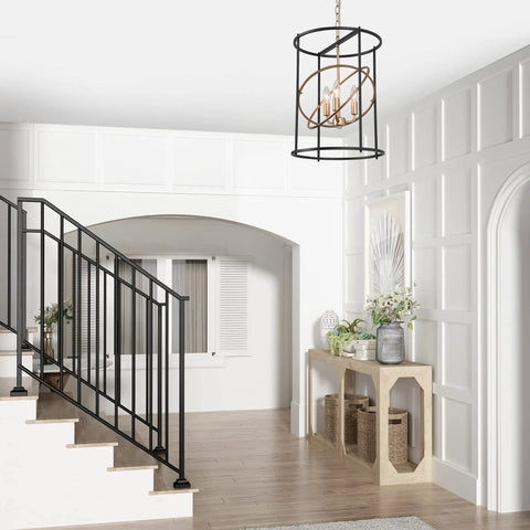 Dope Black And Gold Three Light Drum Pendant Chandelier With Height Adjustable Rods For Dining Room Kitchen Island Foyer And Bedroom 14 Inch Diameter By 18 Inch Height Yet Fresh Lighting Fixture hanging in a white entrance hallway.