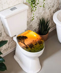 Round Sunset Toilet Seat featuring an elephant sunset design, durable resin construction, and soft-close hinge.