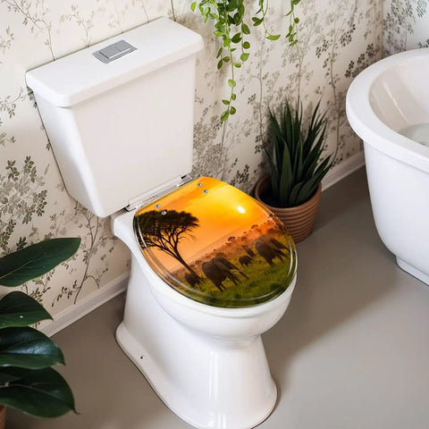 Round Sunset Toilet Seat featuring an elephant sunset design, durable resin construction, and soft-close hinge.