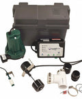 Heavy Duty 1/3 Hp Sump Pump With Reliable Battery Backup System To Keep Your Basement Dry As A Bone During Blackouts While Kicking Moisture Damage To The Curb For Good, showing pump unit and accessories.