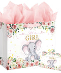 13 Inch Large Baby Shower Gift Bag For Girls With Pink Floral Elephant Design And Durable Handles Includes Tissue Paper Pack And Greeting Card