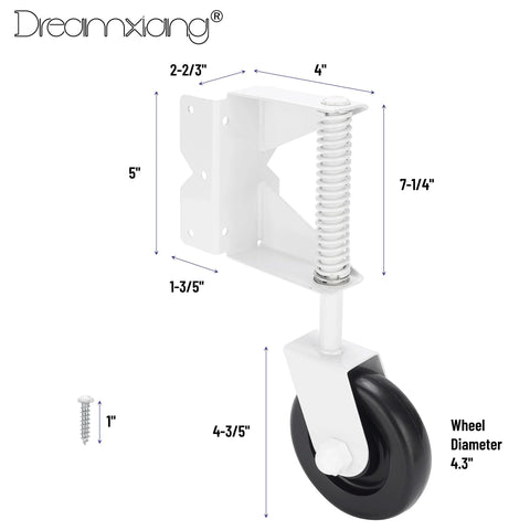 Spring Loaded Gate Caster Kit For Wooden And PVC Fences side view, heavy duty 4.3 Inch castors, steel core, silver finish, screw included