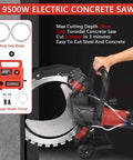 Pro Rigged Heavy Duty 9500 Watt Electric Concrete Ring Saw with integrated water pump for clean cutting, 16in blade, 29cm depth.