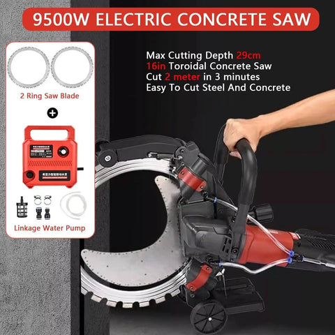 Heavy Duty Beast Mode 9500 Watt Electric Concrete Wall Ring Saw With Built In Water Pump For Smooth Masonry And Granite Cutting At 11 Inch Depth No Sweat Operations showing 2 ring saw blades and water pump.