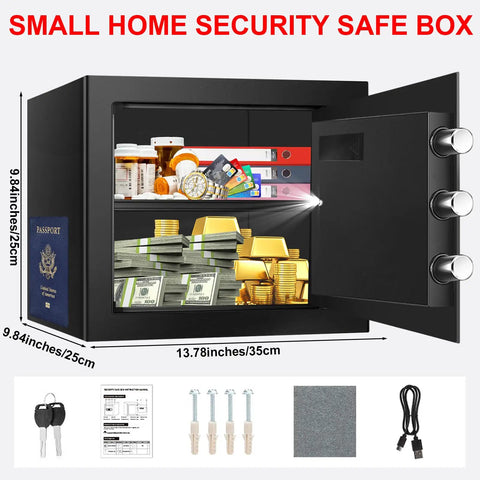1.3 Cu Ft Fireproof Safe For Home Use Compact Anti Theft Safe open with valuables and documents, showing digital lock and removable shelf.