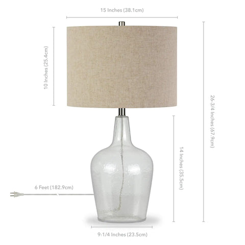 Tall Watermarked Glass Table Lamp With Linen French Drum Shade In Neutral Flax, Cozy Yet Modern For Living Room Bedroom Office And Dining