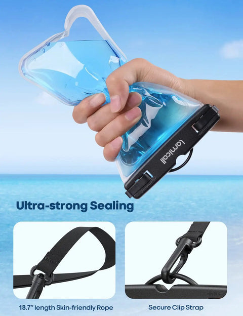 Hand holding IPX8 Waterproof Phone Pouch Case 2 Pack For Beach And Travel, demonstrating ultra-strong sealing and secure clip strap.