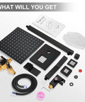 Dope Matte Black Shower Faucet Set With 10 Inch Luxury Brass Rain Shower Head And Handheld Spray components displayed on a surface