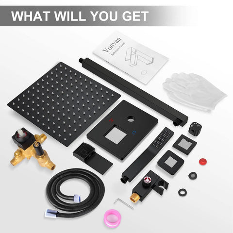 Dope Matte Black Shower Faucet Set With 10 Inch Luxury Brass Rain Shower Head And Handheld Spray components displayed on a surface
