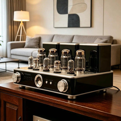 Quad KT88 Tube Amplifier HiFi Integrated Amp With Headphone Output, Silver Finish, on wooden table in living room