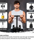 Man using Beefy Forearm Strengthener And Wrist Roller with dumbbells, featuring foam grips, nylon webbing, alloy steel, quick lock.