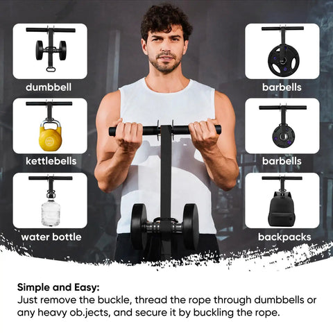 Man using Beefy Forearm Strengthener And Wrist Roller with dumbbells, featuring foam grips, nylon webbing, alloy steel, quick lock.