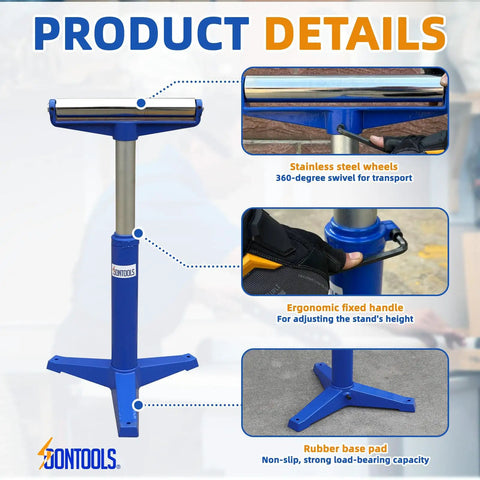 Heavy Duty Roller Stand For Woodworking With Smooth Rollers And Quick Height Adjustments From 22 To 38 Inches featuring stainless steel wheels.