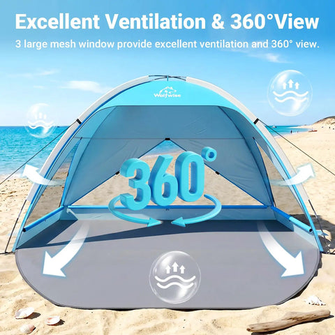 Large Beach Tent Sun Shelter For Three To Four People With UPF 50 Plus UV Protection Privacy Door 360 Degree Ventilation