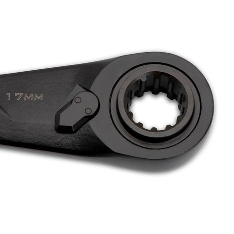 Close-up of 17mm end of Two Piece X6 Four In One Black Oxide Spline Ratcheting Metric Wrench Set For Tight Access And Maximum Versatility