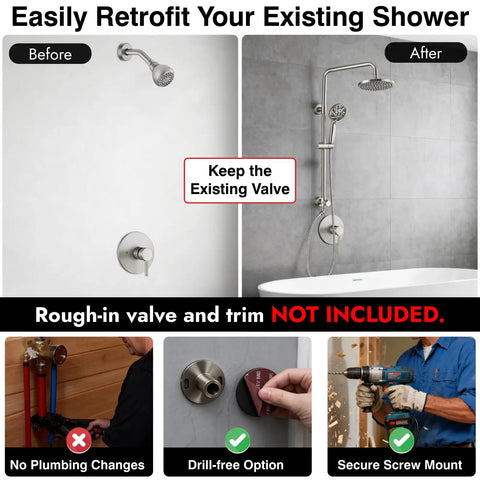 Retrofit Rain Shower System With 8 Inch Rainfall Shower Head, 5-Setting Handheld Spray, brushed nickel finish, wall mount