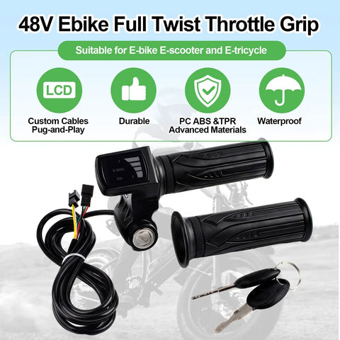 Full Twist Throttle Grip For 48V E Bikes And Scooters With LCD Display And Key Lock, cables, and keys.