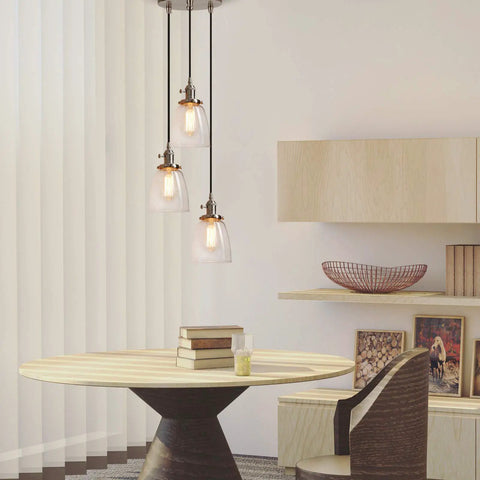 Interior view with Three Light Industrial Pendant Lighting With Clear Glass Pendants For Kitchen Island And Dining Room, Brushed Steel Finish