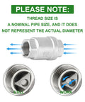 1-inch female stainless steel check valve; front view with threaded ends and internal spring close-up.