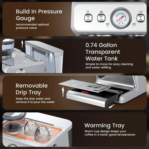 No Sweat Home Espresso Maker With Heavy Duty Grinder And Clog Buster Chamber includes transparent water tank and pressure gauge.