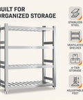 Built Tough 304 Stainless Steel Shelf For Pantry Kitchen Garage Storage Rack With Slick Brushed Silver Surface And No Sweat Setup Commercial Grade Metal Shelving Unit 27.6 X 19.7 X 70.9 Inches showing ventilated shelves and adjustable feet.