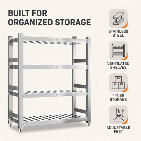Built Tough 304 Stainless Steel Shelf For Pantry Kitchen Garage Storage Rack With Slick Brushed Silver Surface And No Sweat Setup Commercial Grade Metal Shelving Unit 27.6 X 19.7 X 70.9 Inches showing ventilated shelves and adjustable feet.