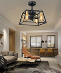 Enclosed Caged Square Ceiling Fan With Retro Industrial Metal Cage, Low Profile Flush Mount, Black Finish in modern living room