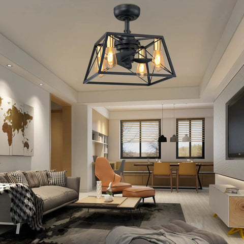Enclosed Caged Square Ceiling Fan With Retro Industrial Metal Cage, Low Profile Flush Mount, Black Finish in modern living room