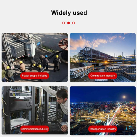 Four industry images showing power supply, construction, communication, and transportation sectors, where Portable Electric Ratchet Cable Cutter For Copper And Aluminum Cables, 18V Cordless Hydraulic Cutter, Heavy Duty Wire Cutting Tool For On The Job Sites, Fast Cuts With Manual Pressure Relief Switch is used.