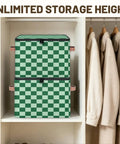 Keeping Your Setup Clean With This Dope Green Checkered Fabric Storage Bin Featuring A Zipper Lid Stackable Foldable Closet Nursery Organizers Large Capacity Toy Trunk Box Bedroom Bathroom Vibe stacked in a closet.