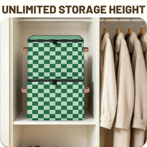 Keeping Your Setup Clean With This Dope Green Checkered Fabric Storage Bin Featuring A Zipper Lid Stackable Foldable Closet Nursery Organizers Large Capacity Toy Trunk Box Bedroom Bathroom Vibe stacked in a closet.
