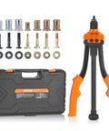 14 Inch Rivet Nut Tool Kit With 7 SAE And Metric Mandrels, 70 Assorted Rivet Nuts, carrying case, and tool display