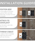 1 Gang Adjustable Electrical Outlet Box With 21 Cu In PVC Junction Box And Living Hinges, ETL Listed For Easy Cable Entry, Gray Single Gang Switch Box For DIY Home Improvement And Smooth Cable Management. Installation guide showing box positioned, nailed, and wired.