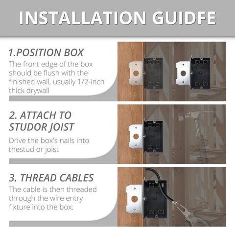1 Gang Adjustable Electrical Outlet Box With 21 Cu In PVC Junction Box And Living Hinges, ETL Listed For Easy Cable Entry, Gray Single Gang Switch Box For DIY Home Improvement And Smooth Cable Management. Installation guide showing box positioned, nailed, and wired.