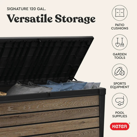 Signature Collection 120 Gallon Resin Deck Box For Patio Gear Stash And Organization Perfect For Outdoor Cushions Throw Pillows Pool Accessories Towels Garden Tools And Beach Gear Rustproof Weather Resistant Walnut
