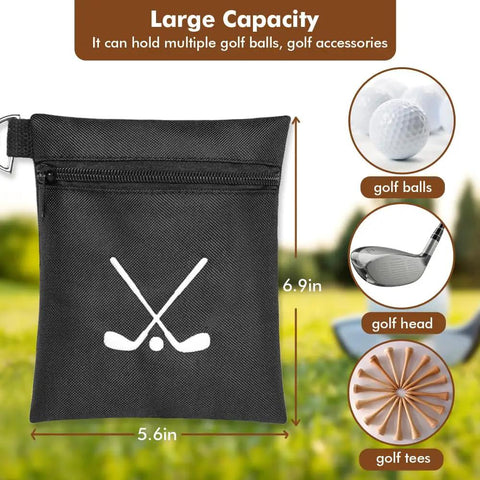Waterproof Golf Tee Bag With Rotating Clip And Ball Holder Pouch displayed with golf graphics and dimensions 6.9in x 5.6in