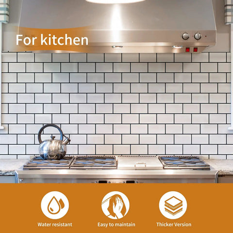 Thick 3.3mm Peel And Stick Subway Backsplash Tiles 12x12 White With Black Grout installed in a kitchen above a stove.