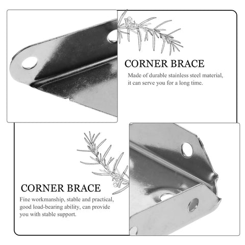 Close-up of stainless steel corner shelf brackets set 24 pieces triangular structure space saving furniture hardware heavy duty.