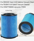 VF5000 Filter Set For 5-20 Gallon Wet Dry Vacs And Husky 6-9 Gallon Shop Vacs, 2 blue pleated filters with dimensions shown