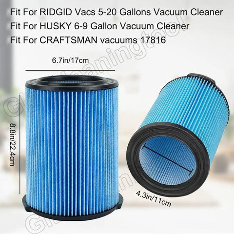 VF5000 Filter Set For 5-20 Gallon Wet Dry Vacs And Husky 6-9 Gallon Shop Vacs, 2 blue pleated filters with dimensions shown