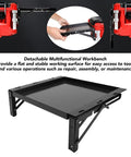 Heavy Duty Foldable Work Table With Removable Magnetic Tool Tray Versatile Mobile Workbench Quick Assemble Solid Design close-up of detachable black work surface attached to toolbox.