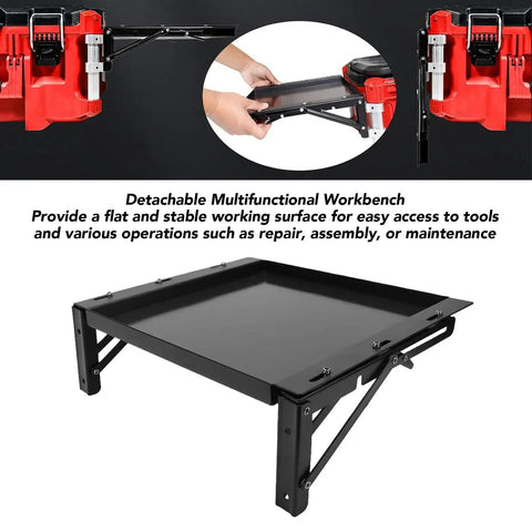 Heavy Duty Foldable Work Table With Removable Magnetic Tool Tray Versatile Mobile Workbench Quick Assemble Solid Design close-up of detachable black work surface attached to toolbox.