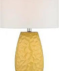 Sunshine Yellow Ceramic Table Lamp With White Linen Hardback Shade 16 By 16 By 27 Inches 3 Way Switch LED Compatible 150 Watt Max Metal Accents