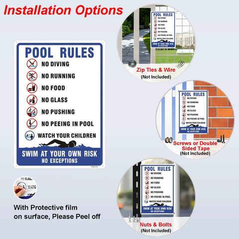 Two Pack Pool Rules Signs Keep It Safe No Diving No Running Swim At Your Own Risk Warning Sign 14 By 10 Inch Reflective Aluminum Weatherproof UV Protected For Pools Water Parks And Beaches Easy To Mount with installation options.