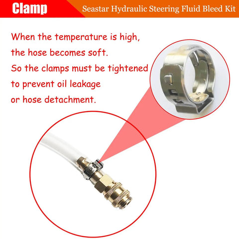 Seastar Hydraulic Steering Bleed Kit clamp detail with focus on 90cm PU copper hose connection and text on temperature effects.