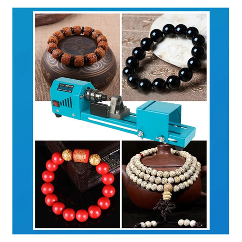 Powerful 150W Mini Lathe Machine For Buddhas And Beads DIY Rocking Stone Rotary Carving Tool showcased with bead designs.