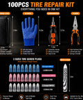 Roadside Tire Repair Kit With 100 Self Sealing Screw Plugs Three Sizes Safe For Cars Trucks Motorcycles SUVs Includes Tools And Portable Case Fix Punctures In Minutes Without Tire Removal, showing storage case, gloves, and tools.