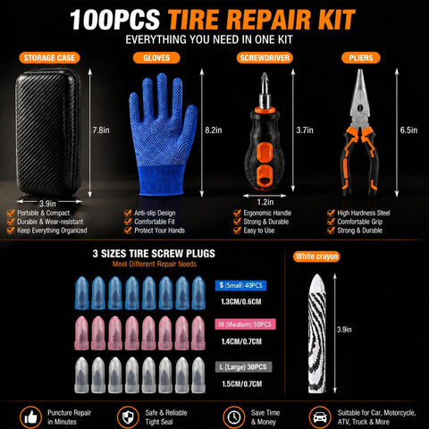 Roadside Tire Repair Kit With 100 Self Sealing Screw Plugs Three Sizes Safe For Cars Trucks Motorcycles SUVs Includes Tools And Portable Case Fix Punctures In Minutes Without Tire Removal, showing storage case, gloves, and tools.