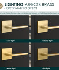 Privacy Lever Door Handle Set For Hallways And Bathrooms Keyless Design Fits All Standard Doors Covered Screws Included Satin Brass Finish 5 Inch Length Easy Install Hardware shown in different lighting conditions.